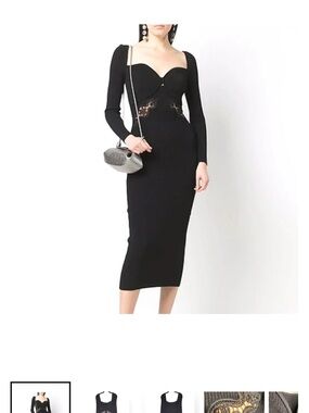 Self-Portrait Black Long-Sleeve Midi Dress with Sweetheart Neckline